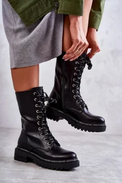 Discount Boto Wysokie Ocieplane Damskie Botki Wiązane Czarne Darla