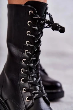 Discount Boto Wysokie Ocieplane Damskie Botki Wiązane Czarne Darla