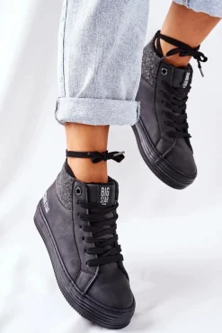 Damskie Big Star Shoes Wysokie Ocieplane Trampki Big Star II274147 Czarne
