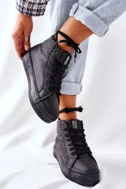 Damskie Big Star Shoes Wysokie Ocieplane Trampki Big Star II274147 Czarne