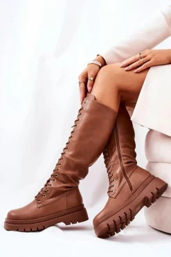 Damskie Boto Wysokie Ocieplane Wiązane Kozaki Camel Kannies