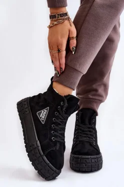 Damskie Boto Wysokie Ocieplane Zamszowe Trampki Czarne Evren