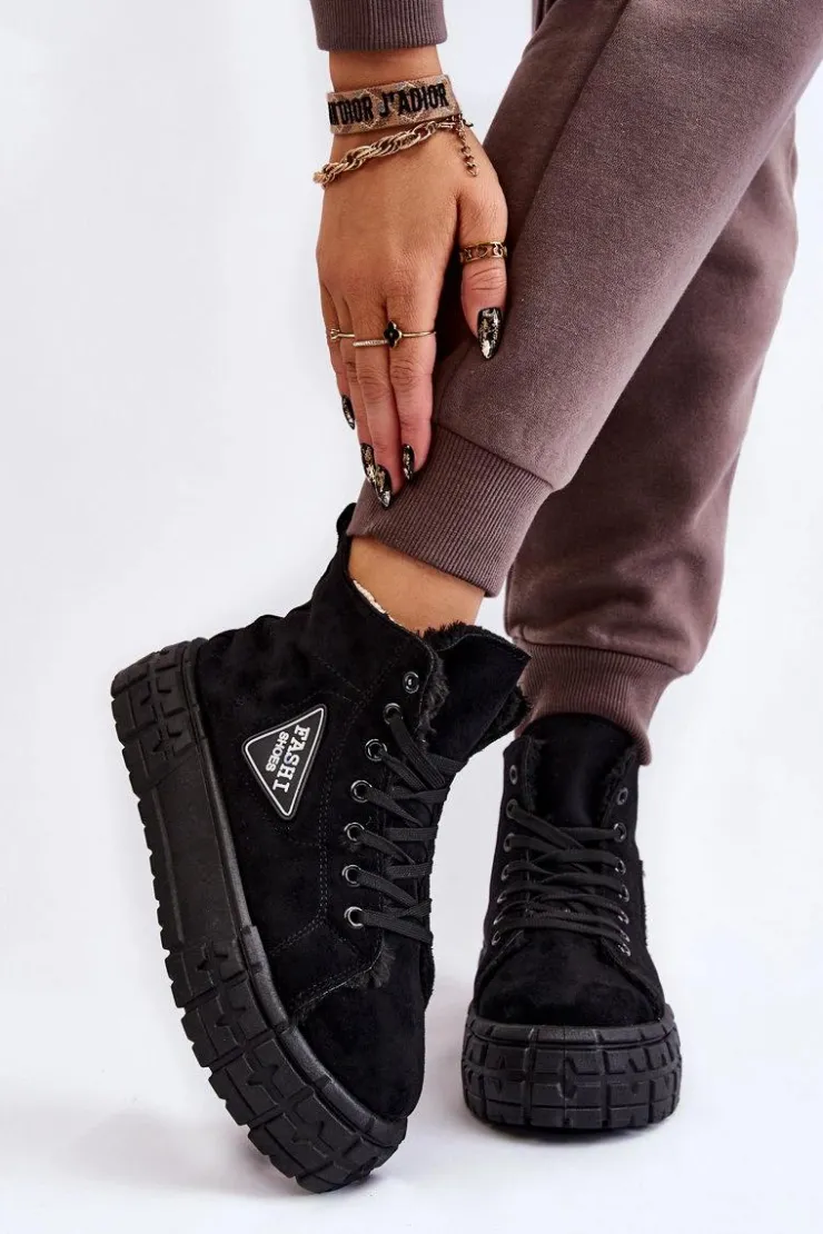 Damskie Boto Wysokie Ocieplane Zamszowe Trampki Czarne Evren
