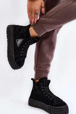 Damskie Boto Wysokie Ocieplane Zamszowe Trampki Czarne Evren