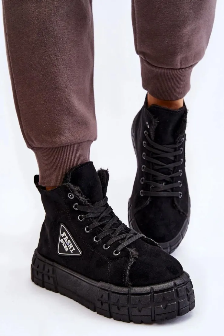 Damskie Boto Wysokie Ocieplane Zamszowe Trampki Czarne Evren