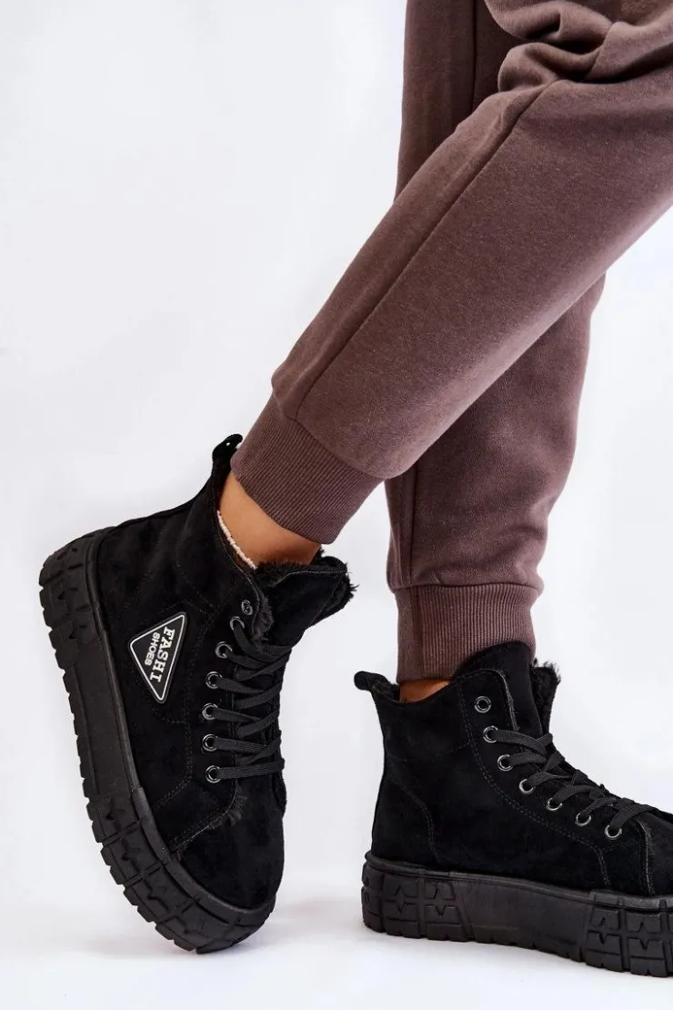 Damskie Boto Wysokie Ocieplane Zamszowe Trampki Czarne Evren