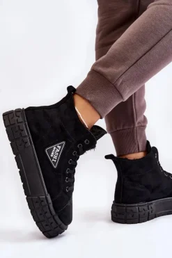 Damskie Boto Wysokie Ocieplane Zamszowe Trampki Czarne Evren