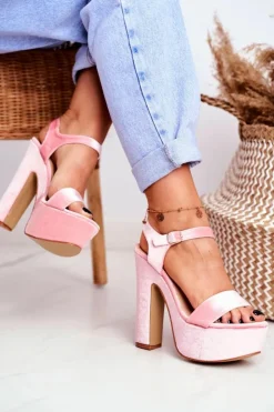 Outlet Boto Wysokie Różowe Sandały na Słupku Welur HighShoes