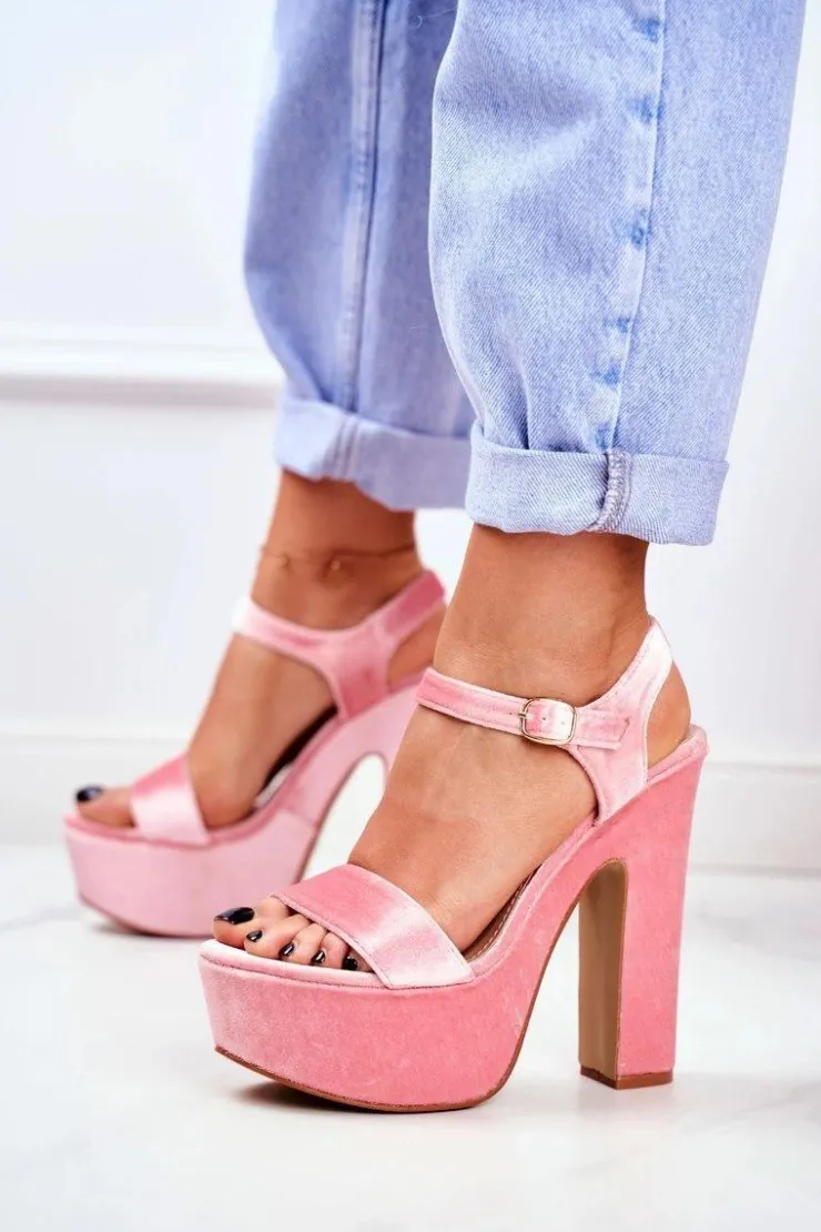 Outlet Boto Wysokie Różowe Sandały na Słupku Welur HighShoes