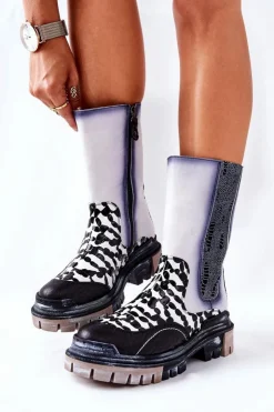 Damskie Maciejka Wysokie Skórzane Botki Czarno-Białe 05141-11