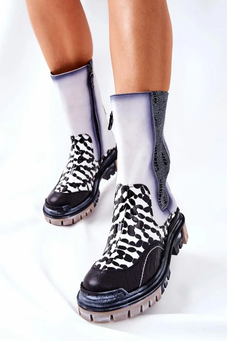 Damskie Maciejka Wysokie Skórzane Botki Czarno-Białe 05141-11
