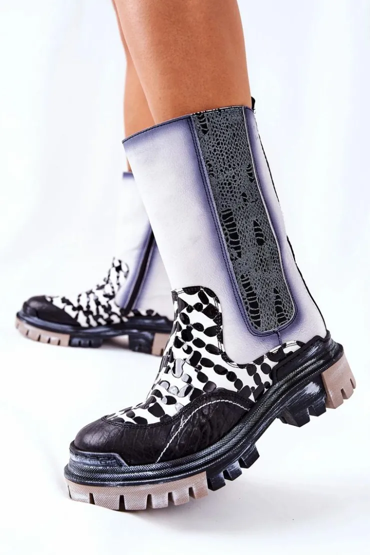 Damskie Maciejka Wysokie Skórzane Botki Czarno-Białe 05141-11