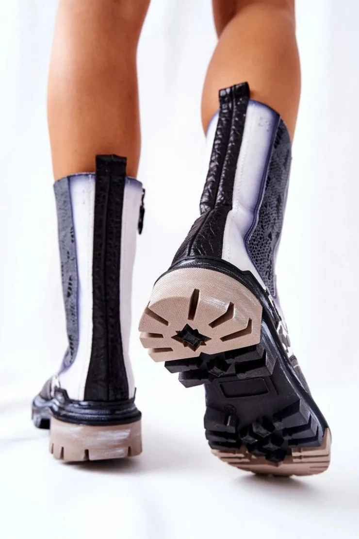 Damskie Maciejka Wysokie Skórzane Botki Czarno-Białe 05141-11