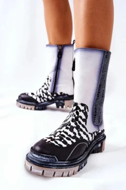 Damskie Maciejka Wysokie Skórzane Botki Czarno-Białe 05141-11