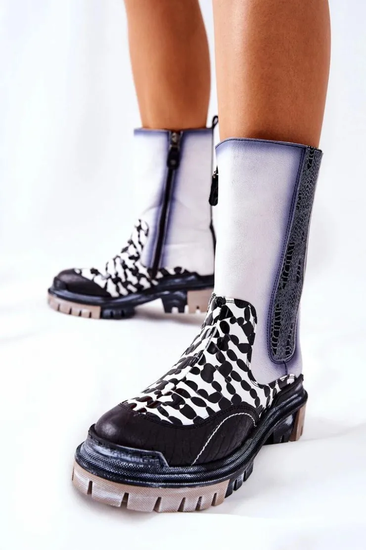 Damskie Maciejka Wysokie Skórzane Botki Czarno-Białe 05141-11