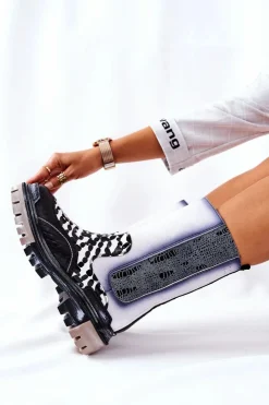 Damskie Maciejka Wysokie Skórzane Botki Czarno-Białe 05141-11