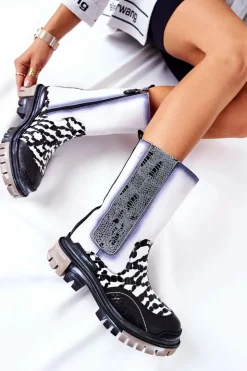 Damskie Maciejka Wysokie Skórzane Botki Czarno-Białe 05141-11