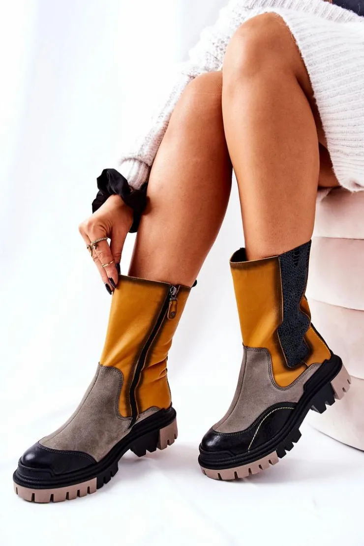 Damskie Maciejka Wysokie Skórzane Botki Żółto-Szare 05141-07