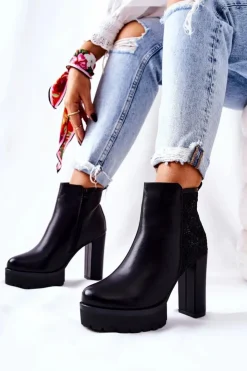 Boto Botki Na Słupku|Czarne Botki*Wysokie Skórzane Botki Na Słupku Czarne Diomice