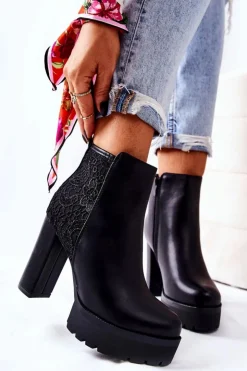 Boto Botki Na Słupku|Czarne Botki*Wysokie Skórzane Botki Na Słupku Czarne Diomice