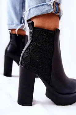 Boto Botki Na Słupku|Czarne Botki*Wysokie Skórzane Botki Na Słupku Czarne Diomice