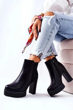 Boto Botki Na Słupku|Czarne Botki*Wysokie Skórzane Botki Na Słupku Czarne Diomice