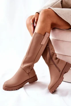 Damskie Boto Wysokie Skórzane Kozaki Beżowe Trishia
