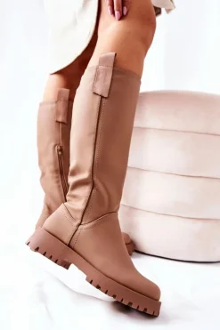 Damskie Boto Wysokie Skórzane Kozaki Beżowe Trishia