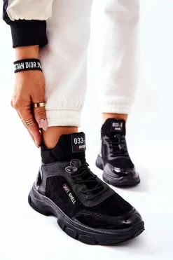 Outlet Boto Wysokie Skórzane Ocieplane Buty Sportowe Czarne Merit