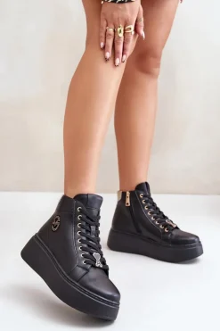 Buty damskie Vinceza Sneakersy Damskie*Wysokie Skórzane Sneakersy Damskie Na Platformie Vinceza 66707 Czarne