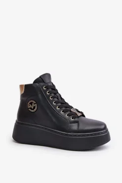 Buty damskie Vinceza Sneakersy Damskie*Wysokie Skórzane Sneakersy Damskie Na Platformie Vinceza 66707 Czarne