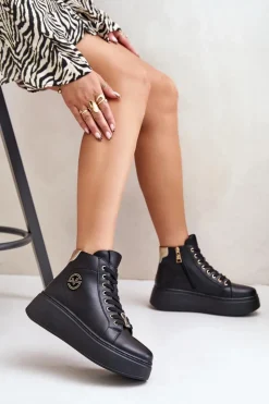 Buty damskie Vinceza Sneakersy Damskie*Wysokie Skórzane Sneakersy Damskie Na Platformie Vinceza 66707 Czarne