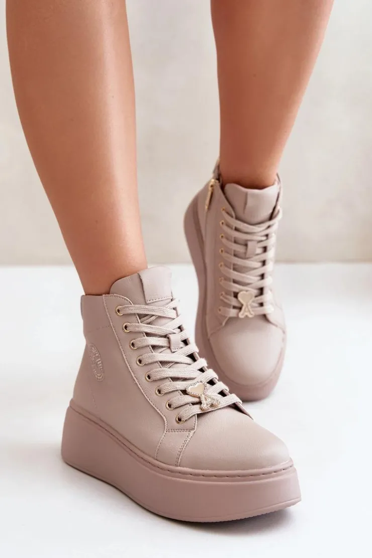 Damskie Buty damskie Vinceza Wysokie Skórzane Sneakersy Damskie Na Platformie Vinceza 66707 Beżowe