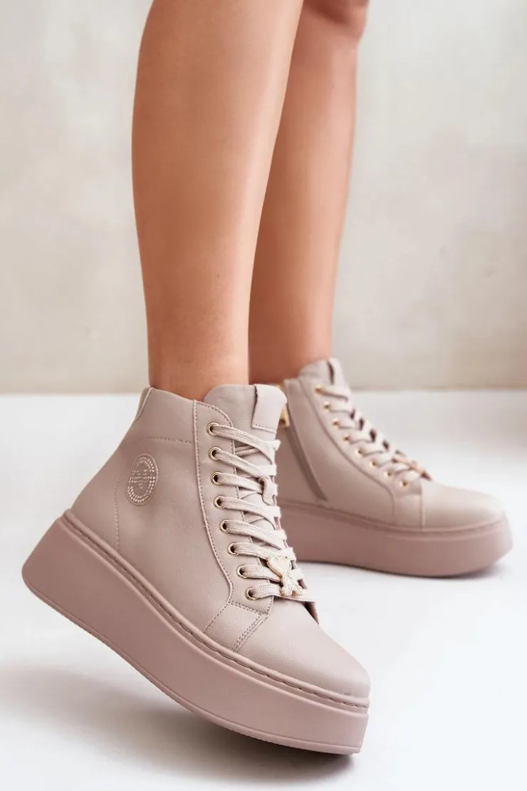 Damskie Buty damskie Vinceza Wysokie Skórzane Sneakersy Damskie Na Platformie Vinceza 66707 Beżowe