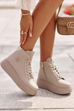Damskie Buty damskie Vinceza Wysokie Skórzane Sneakersy Damskie Na Platformie Vinceza 66707 Beżowe