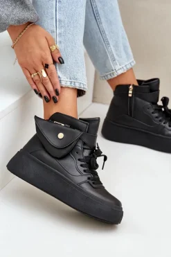 Boto Sneakersy Damskie*Wysokie Sneakersy Z Saszetką Na Platformie Czarne Saramis Czarny