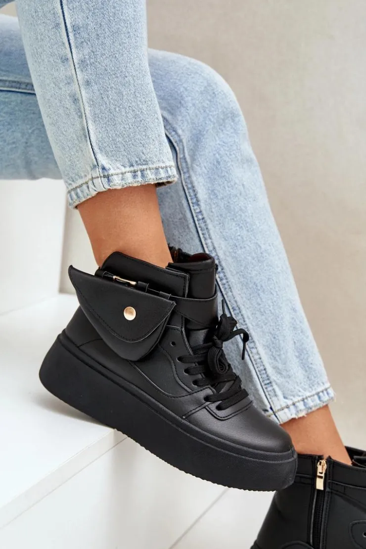 Boto Sneakersy Damskie*Wysokie Sneakersy Z Saszetką Na Platformie Czarne Saramis Czarny