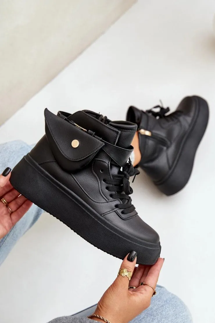 Boto Sneakersy Damskie*Wysokie Sneakersy Z Saszetką Na Platformie Czarne Saramis Czarny