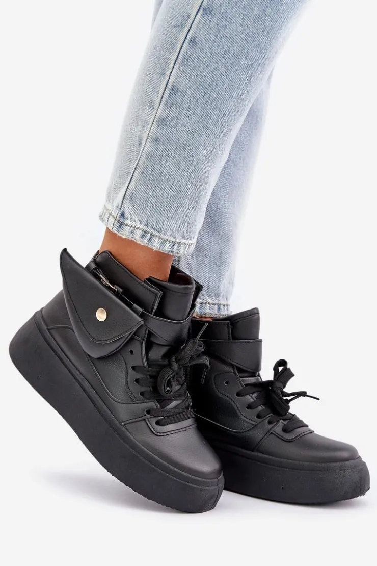 Boto Sneakersy Damskie*Wysokie Sneakersy Z Saszetką Na Platformie Czarne Saramis Czarny