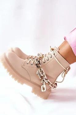 Boto Botki Ocieplane|Botki Zimowe Damskie*Wysokie Stylowe Botki Beżowe Grail