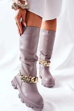 Damskie Boto Wysokie Szare Kozaki Cecina