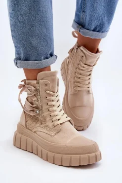 Boto Trampki Damskie Wysokie*Wysokie Trampki Damskie Na Masywnej Platformie Beżowe Wonise