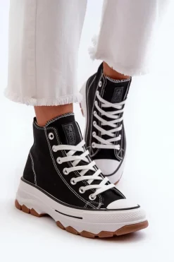 Damskie Evento Wysokie Trampki Damskie Na Platformie Czarne Valvia