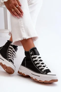 Damskie Evento Wysokie Trampki Damskie Na Platformie Czarne Valvia