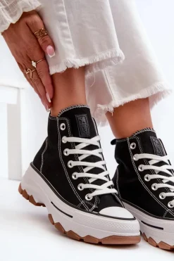 Damskie Evento Wysokie Trampki Damskie Na Platformie Czarne Valvia