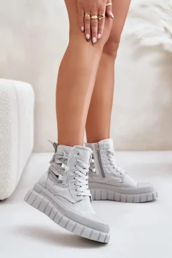 Discount Boto Wysokie Trampki Damskie Na Masywnej Platformie Ze Zdobieniem Szare Zaidria