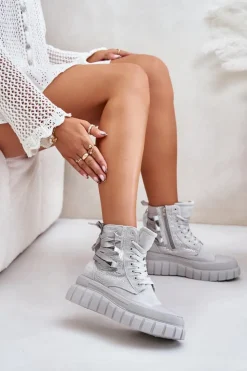 Discount Boto Wysokie Trampki Damskie Na Masywnej Platformie Ze Zdobieniem Szare Zaidria