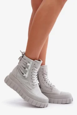 Discount Boto Wysokie Trampki Damskie Na Masywnej Platformie Ze Zdobieniem Szare Zaidria