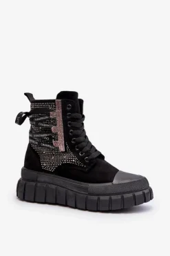 Damskie Boto Wysokie Trampki Damskie Na Masywnej Platformie Czarne Wonise