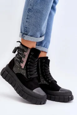 Damskie Boto Wysokie Trampki Damskie Na Masywnej Platformie Czarne Wonise